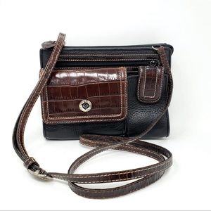 Brighton Vintage Brown/ Black Leather Multi Pocket Crossbody Bag Organizer Purse